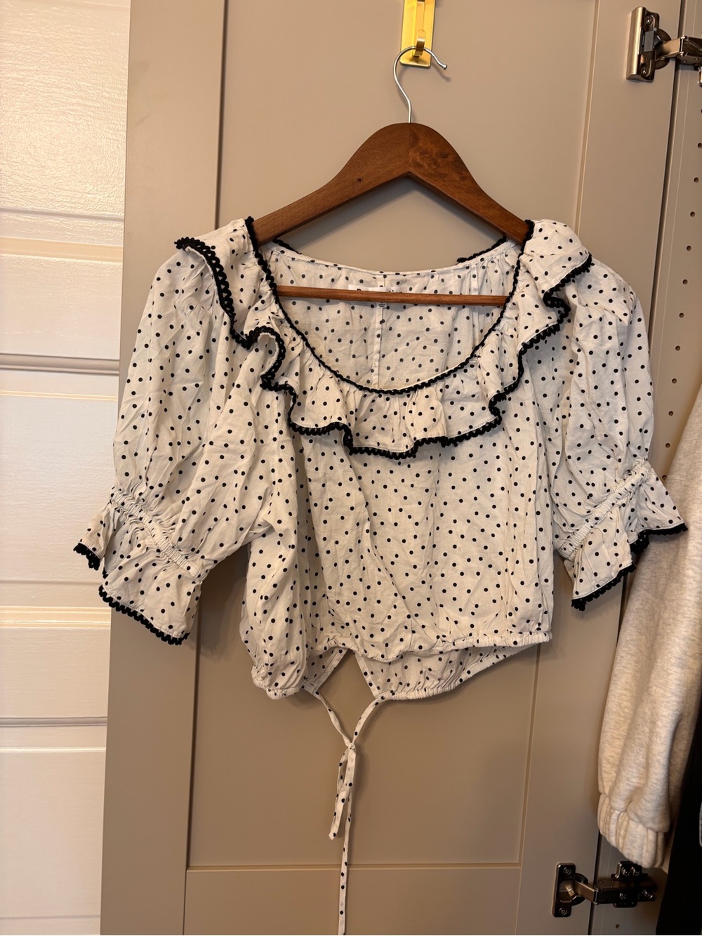 Reformation White Polka Dot Ruffle Tie-Front Blouse